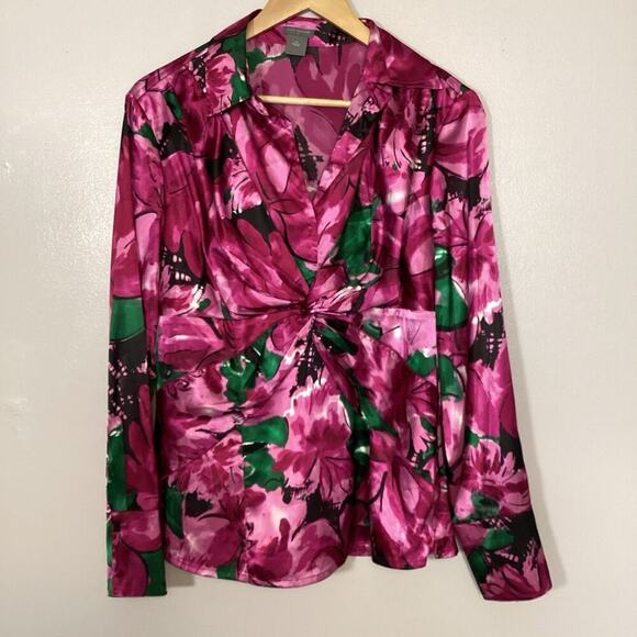 Ann Taylor Fuchsia Pink Floral Printed Blouse Silky V Neck Twist Front 14 - Picture 7 of 7